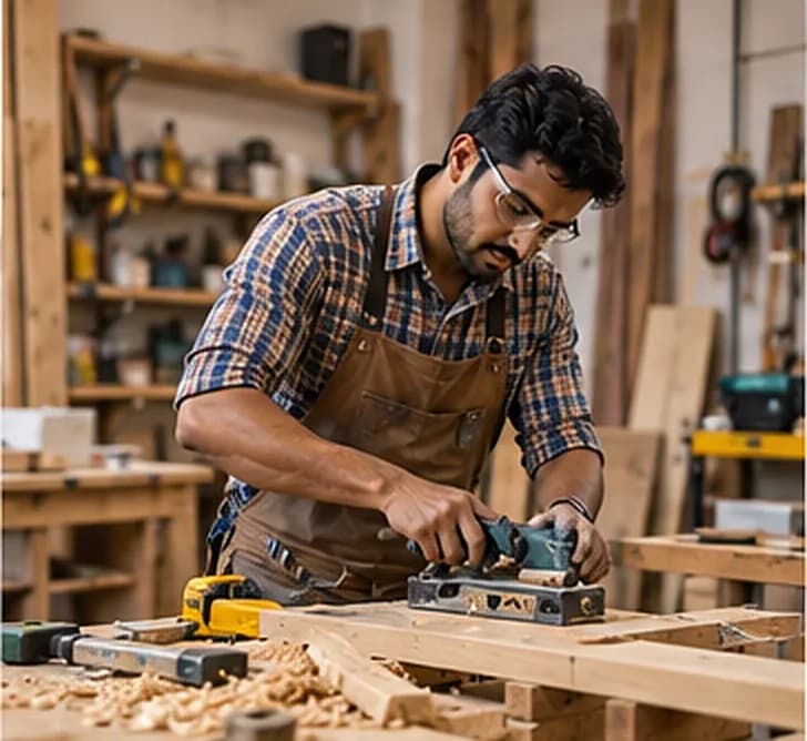 Carpenter sanding a custom cabinet