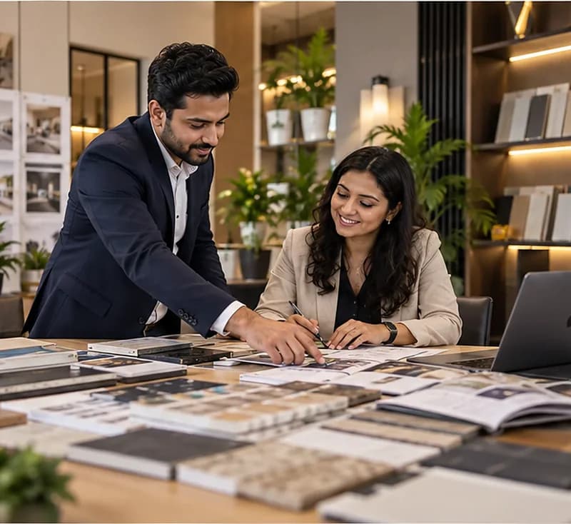 Two interior designers in their studio with material samples, colour swatches and floor plans