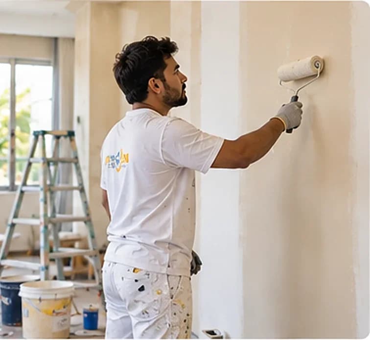 Painter rolling beige paint onto a wall