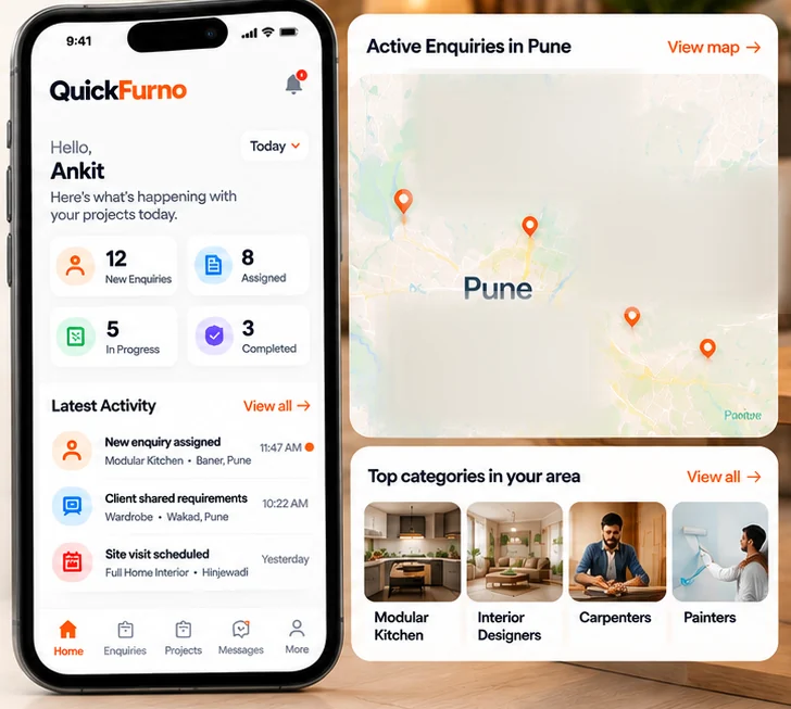 The QuickFurno vendor dashboard on a phone beside enquiry and category panels