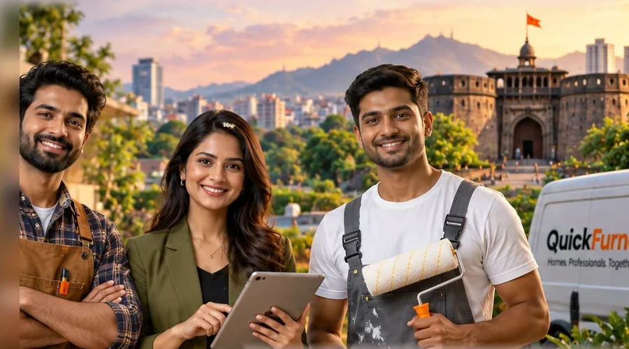 A carpenter, an interior designer and a painter in front of the Pune skyline