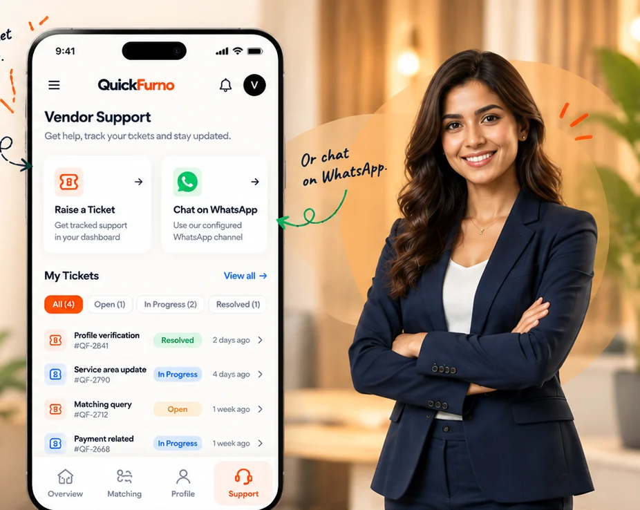 The vendor support workspace on a phone, beside a QuickFurno support agent