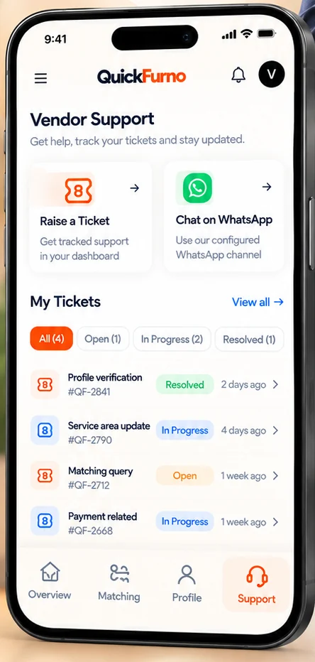The vendor support workspace on a phone